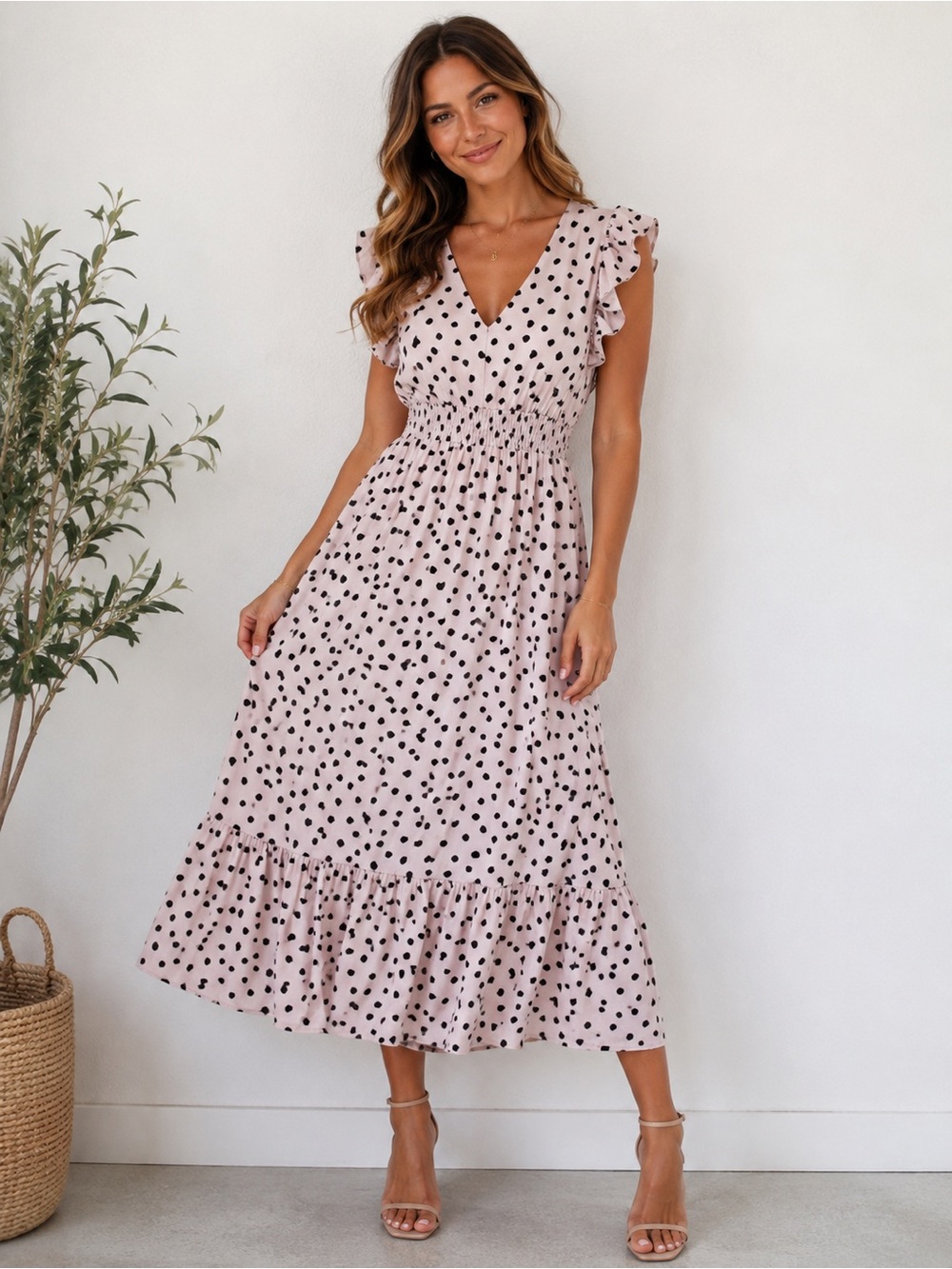 Cream and Brown Polka Dot Ruffled Midi Dress - Smocked Waist NWT Small